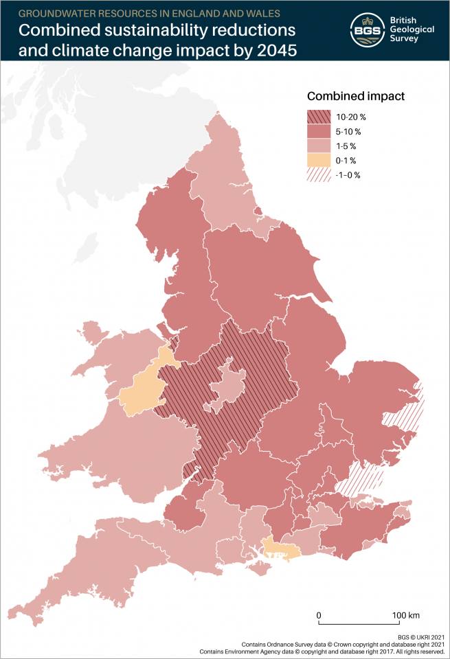 Combined sustainability reductions and climate change impact by 2045 in England and Wales