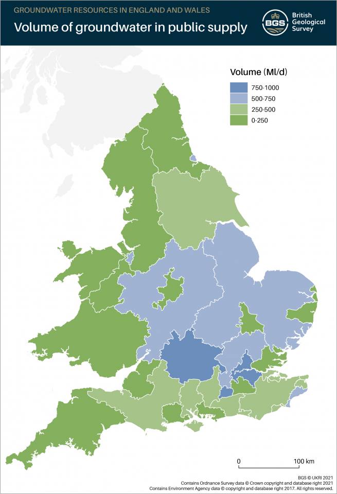 Volume of groundwater in public supply in England and Wales