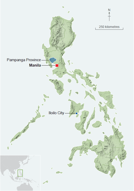 A map of the Philippines showing the locations of Pampagna Province and Iloilo City