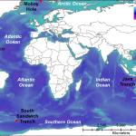 Map showing the locations (red dots) of the deepest points in each of the world’s five oceans (Atlantic, Southern, Indian, Pacific and Arctic). Global bathymetry from Global Multi-Resolution Topography Synthesis (GMRT).