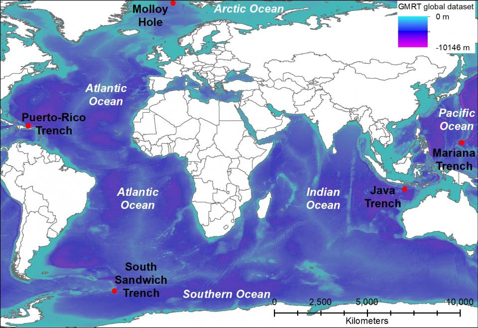Map showing the locations (red dots) of the deepest points in each of the world’s five oceans (Atlantic, Southern, Indian, Pacific and Arctic). Global bathymetry from Global Multi-Resolution Topography Synthesis (GMRT).