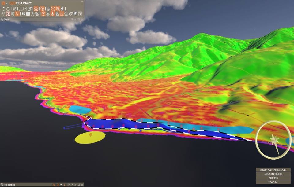 A screenshot of a base dataset showing hills in bright gree and flat land in shades of orange