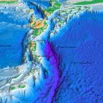 A 3D model of the Puerto Rico Trench, with the Caribbean to the left shown in blue, the trench in thje middle shown in purple and the Atlantic plat to the right shown in blue