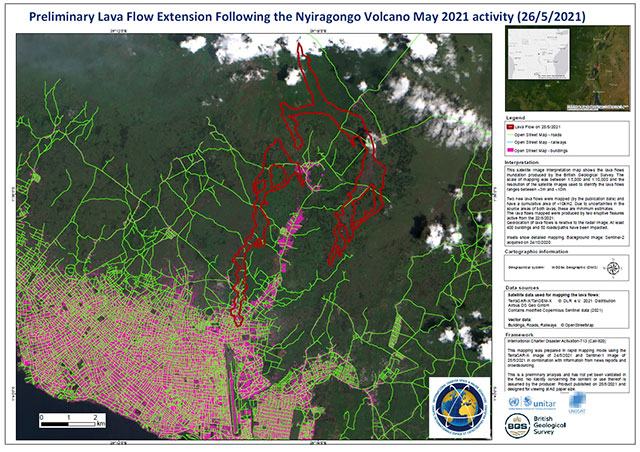 Figure 2 - Preliminary Lava Flow Extension Following the Nyiragongo Volcano eruption as communicated by BGS to the Disaster Charter on the 26th of May 2020.