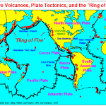 a map of the worl with the land in yellow ans the sea in blue, showing the outlubes of tectonic plates in black and active volcanoes as red dots