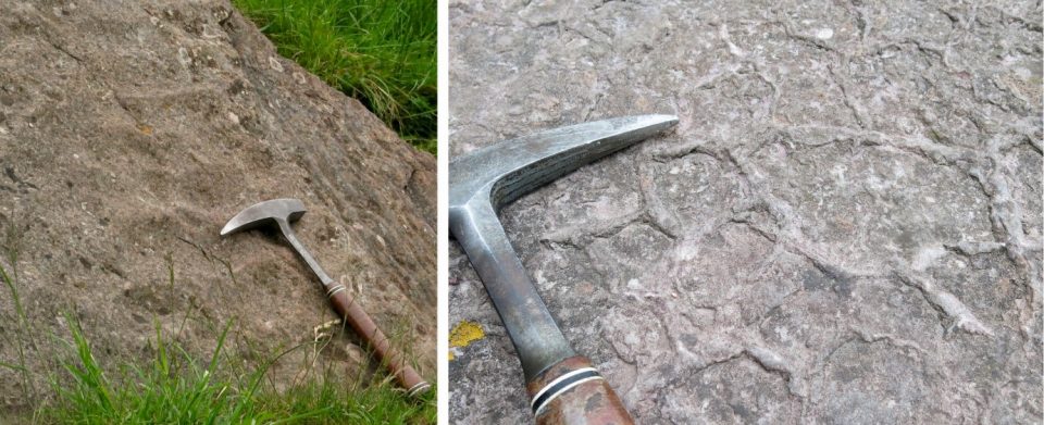 Preserved sand ripples on a brown block of rock with a geologicl hammer restine on it for a sense of scale, and preserved hexagon-shaped mud cracks in a grey rock, again with a hammer for scale