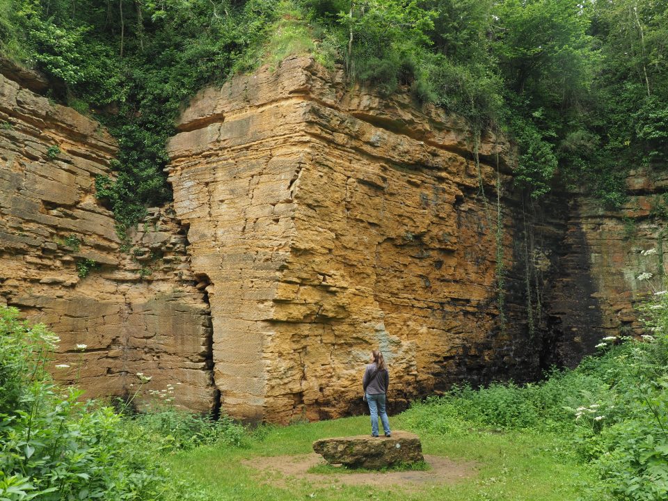 A disused, overgrown quarry with faces of golden-coloured rock. A person wearing a blur top and trousers stands on a boulder in front of the rocks.