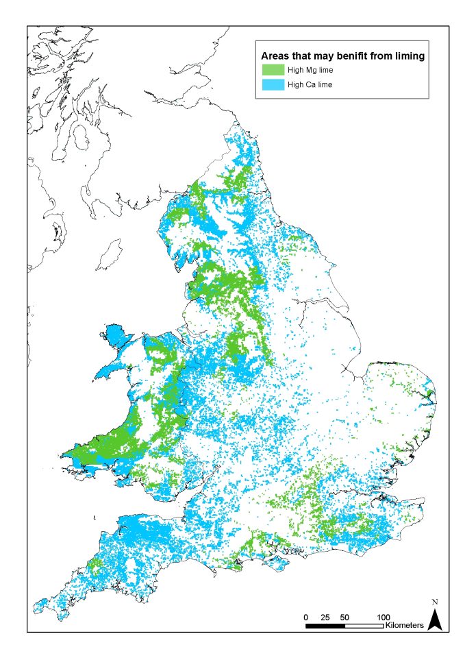 Map showing areas of the UK that may benefit from agricultural lime products. BGS © UKRI 2021. Some features of this map are based on digital spatial data licensed from the UK Centre for Ecology and Hydrology.