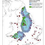 Map showing location of agricultural lime quarries in the UK with high, medium and low Mg content plotted against their distance from high Mg quarry locations. BGS © UKRI 2021. Some features of this map are based on digital spatial data licensed from the UK Centre for Ecology and Hydrology.