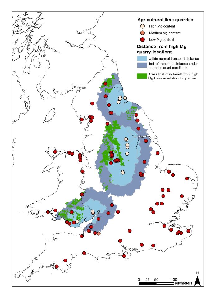 Map showing location of agricultural lime quarries in the UK with high, medium and low Mg content plotted against their distance from high Mg quarry locations. BGS © UKRI 2021. Some features of this map are based on digital spatial data licensed from the UK Centre for Ecology and Hydrology.