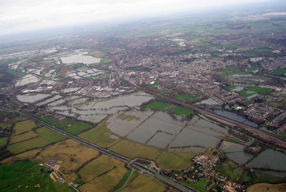 Aerial view of Oxford in flood