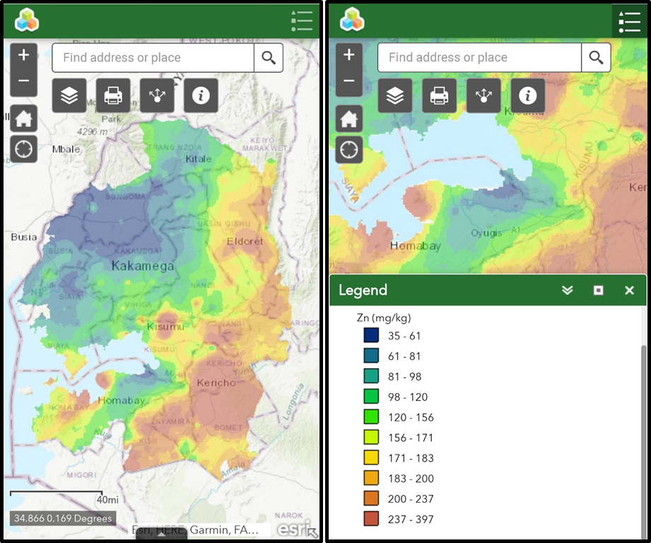ArcGIS web app showing total Zn concentration (mg/kg) in soil
