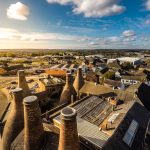 Longton, Stoke on Trent, Staffordshire - 5th November 2018 - Aerial view of the famous bottle kilns at Gladstone Pottery Museum in Stoke on Trent, Pottery manufacturing. Source: Shutterstock RMC42