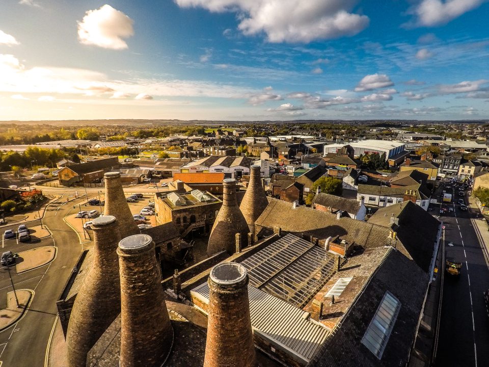 Longton, Stoke on Trent, Staffordshire - 5th November 2018 - Aerial view of the famous bottle kilns at Gladstone Pottery Museum in Stoke on Trent, Pottery manufacturing. Source: Shutterstock RMC42