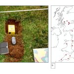 Figure 1:  a) Typical field placement of the Tromino instrument  b) locations of Tromino surveys carried in the UK to date.