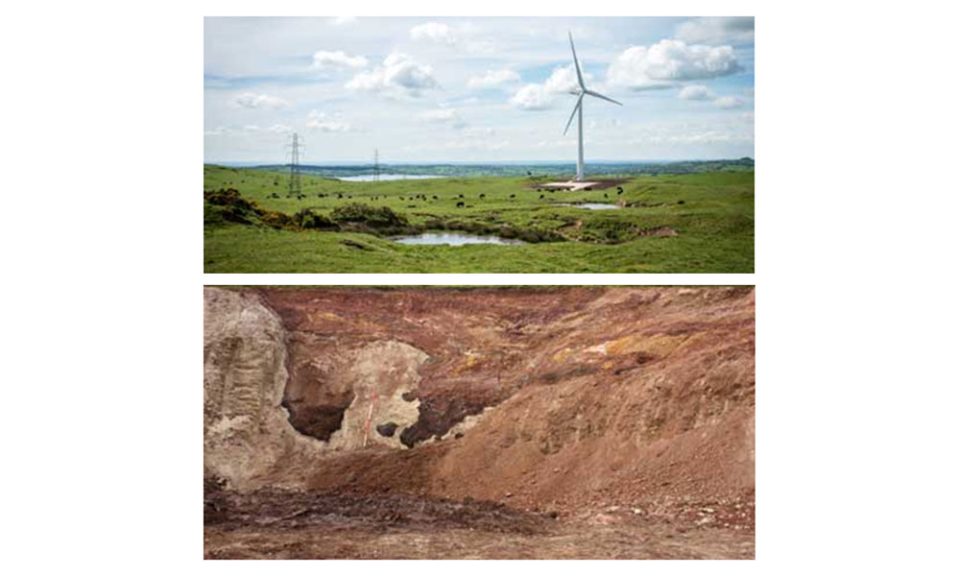 Figure 5: wind turbine installation at Carsington Pasture (top) and underlying infilled karst features (bottom).