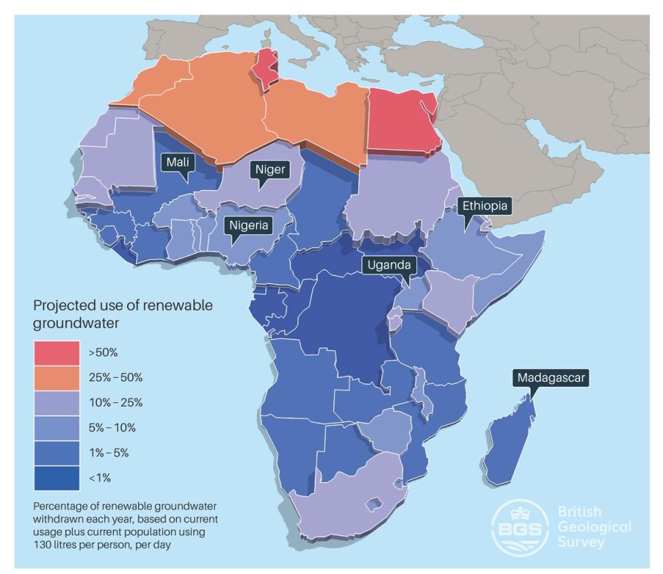 Map of Africa showing projected use of renewable groundwater