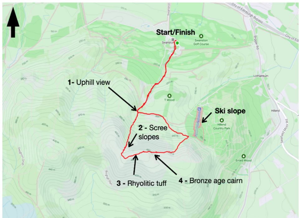 Map of walking route around Caerketton Hill