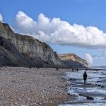 A shingle beach with people and dogs walking on it, with high cliffs in the background