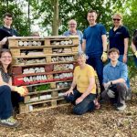 Nine BGS staff members standing and crouching around the new bug palace, which is made out of wooden pallets and logs, sticks, grass, stones and bricks in a pile.