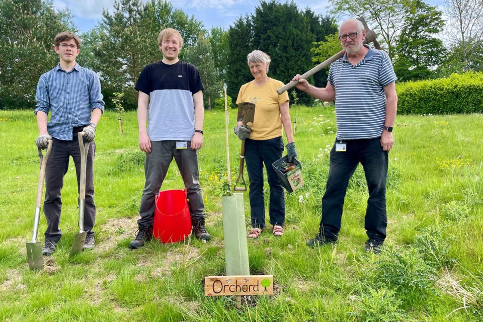 Four people standing behind a small smapling that has a sign saying 'Orchard' in front of it. The people are holding spades and buckets.