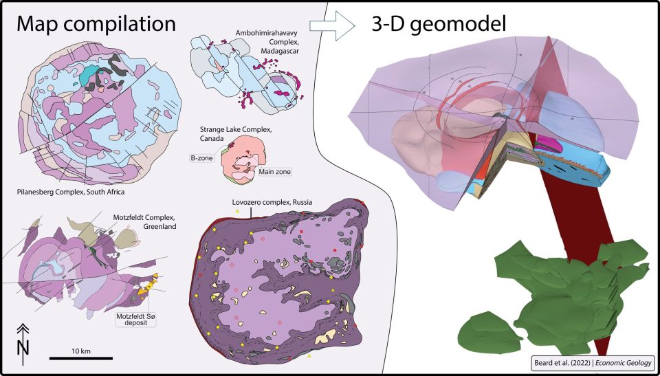 compilation of maps and geophysical observations was used to construct a 3-D model for alkaline-silicate systems at the district scale