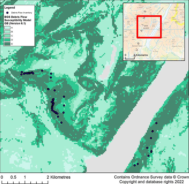 Debris flow susceptibility model Cental Scotland. Contains Ordnance Survey data © Crown Copyright and database rights 2022.