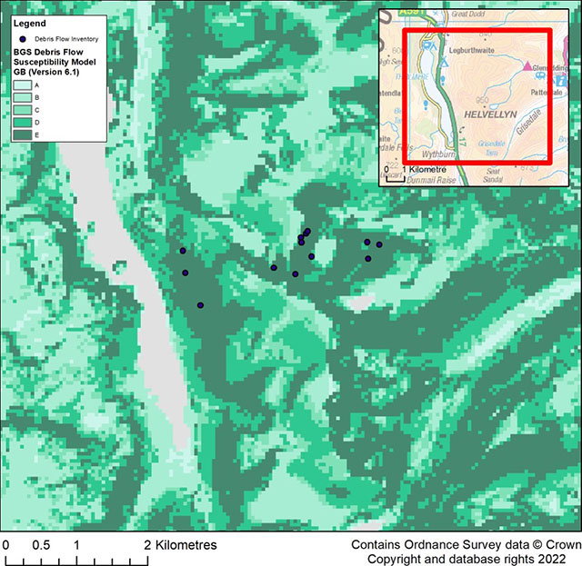 Debris flow susceptibility model Cumbria. Contains Ordnance Survey data © Crown Copyright and database rights 2022.