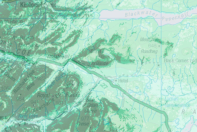 Debris flow susceptibility model GlenCoe. Contains Ordnance Survey data © Crown Copyright and database rights 2022.