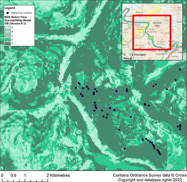 Debris flow susceptibility model SW Scotland. Contains Ordnance Survey data © Crown Copyright and database rights 2022.