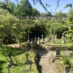 Caves and tunnels dug into the a cliff in a graveyard