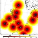 A map with graded black-to-orange circles covering the whole of the UK, indicating the extent of the eachof the geomagnetic observatories