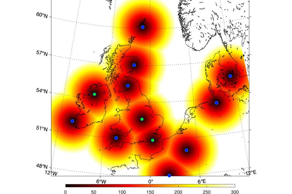 A map with graded black-to-orange circles covering the whole of the UK, indicating the extent of the eachof the geomagnetic observatories