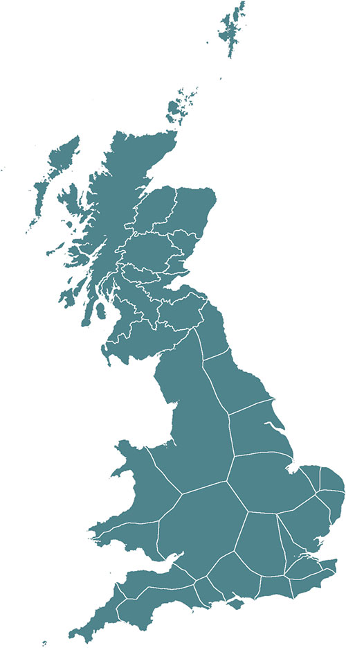 Map showing the shoreline management plan areas for England and Wales and local plan district areas for Scotland.