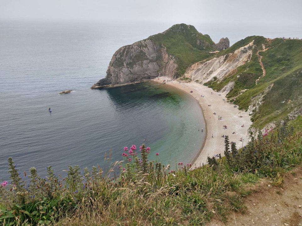 A view from a clifftop across a curved bay with a beach at the base of steep cliffs