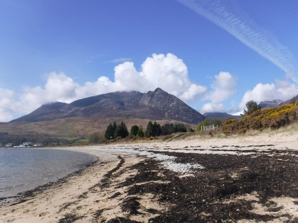 A mountain rises in the background above a beach covered in seaweed in the foreground