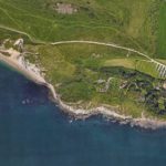 Satellite image of the Dorset coast from Lulworth Cove on the right to Durdle Door on the left. Approximate locations of the images are labelled and the Lulworth Cove car park is shown by the yellow star.