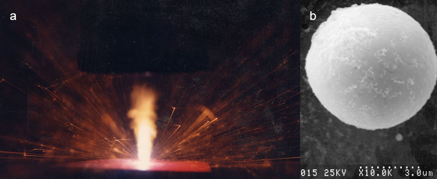 Figure 1: (a) Laser ablation of steel in air; the burning particles allow us to see their tracks. (b) Particle of steel filtered out of the gas stream after laser ablation. Simon Chenery BGS © UKRI