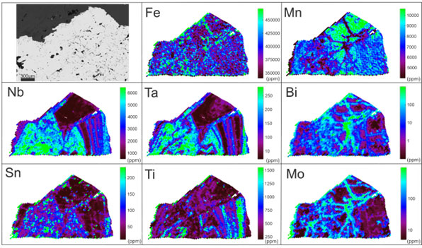 Figure 4: LA-ICP-MS element map of a wolframite (tungsten oxide) grain from south-west England, showing chemical changes in growth zones and fractures. Fe: iron; Mn: manganese; Nb: niobium; Ta: tantalum; Bi: bismuth; Sn: tin; Ti: titanium; Mo: molybdenum. BGS © UKRI