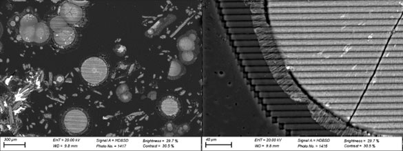 Figure 3: SEM images showing the sphere surfaces skimmed off by the LA-ICP-MS. BGS © UKRI