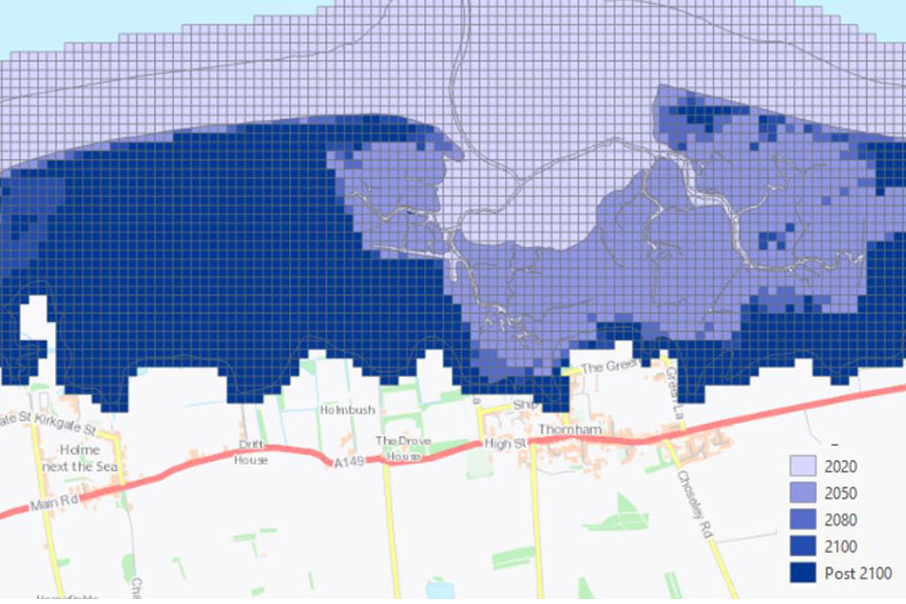 GeoCoast inundation potential under UKCP18 climate scenarios. BGS © UKRI — contains OS data © Crown Copyright 2022.