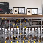 A row of bulb-shaped glass vials containing clear, colourless liquid