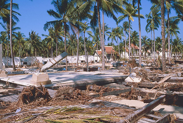 Aftermath of the tsunami that hit Thailand on Boxing Day (26 December) in 2004. BGS researcher Prof Dave Tappin was involved in the response effort in 2004. BGS is now involved in two projects to understand eruptive processes and implications for tsunami initiation at Krakatau, Indonesia. BGS © UKRI.