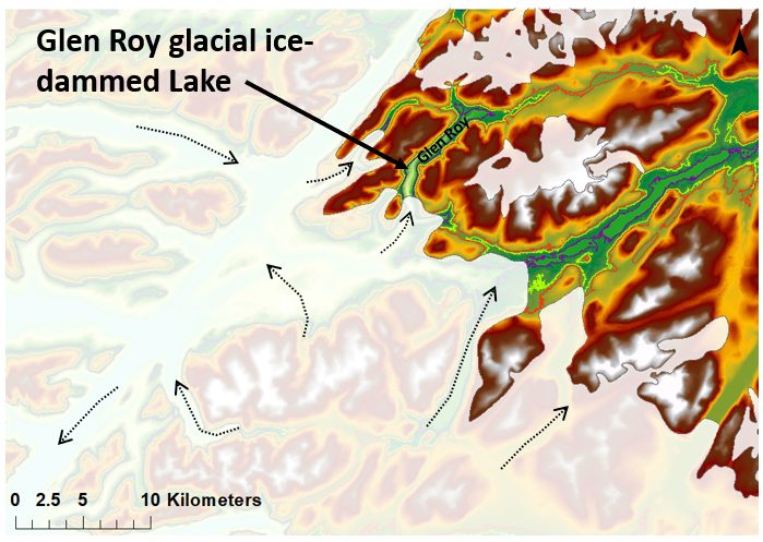 a map showing the extent of the ice sheet during the Loch Lomon Stadial. Ice covers most of the map with ice-free areas to the top right/ north-east