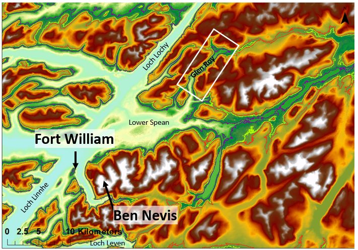 a map of the Glen Roy area with the location of Fort William (lower left), Ben Nevis (to the right of Fort William) and Glen Roy (upper middle) marked