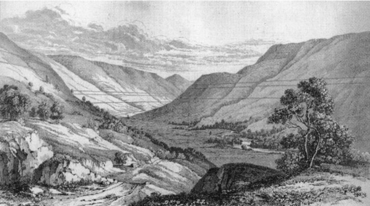 a balck and white drawing of Glen Roy showing the winding valley and the parallel roads as horizontal lines high up on the hillsides