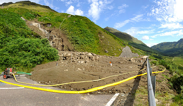 A83 road up to the 'Rest and Be Thankful' pass, Scotland, blocked by a debris flow in August 2012. BGS © UKRI.