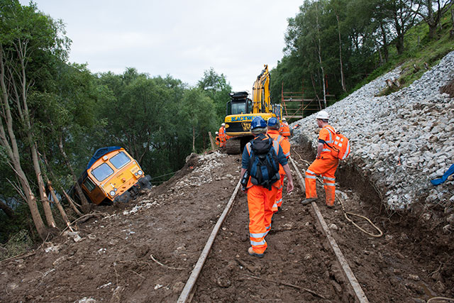 Stob Coire Sgrodain debris flow near Loch Trieg, Scotland. Repairs underway to the Fort William to Crianlarich railway line after a debris flow, June 2012. BGS © UKRI.