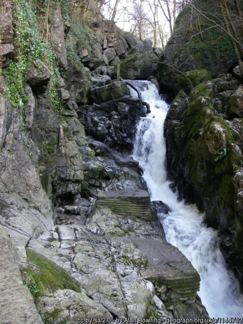 A waterfall tumbles down a small rocky gorge