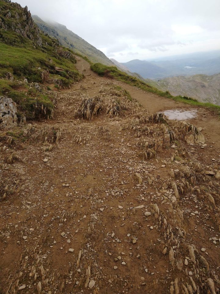 Vertical shards of rock stick up through a path running along the side of a hill.